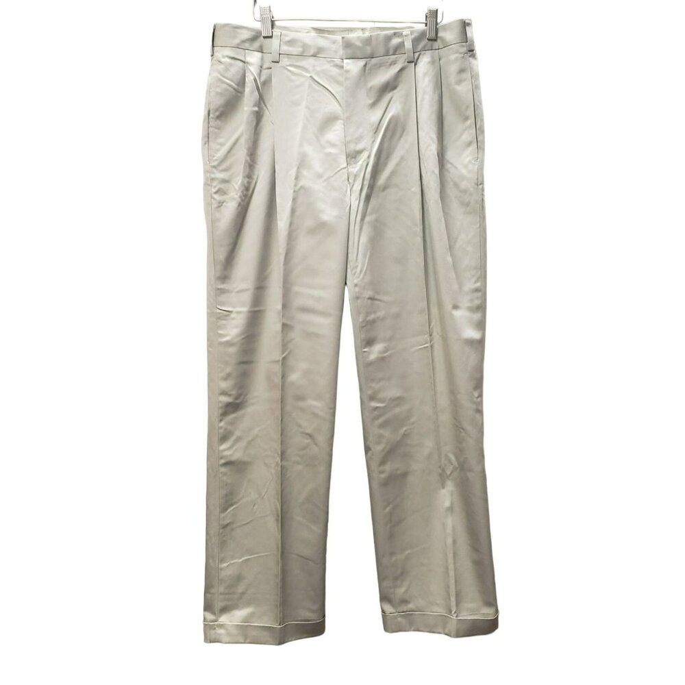 Jos. A. Bank Stays Cool Khaki Dress Pants 35W x 30L 100% Cotton Pleated Cuffed